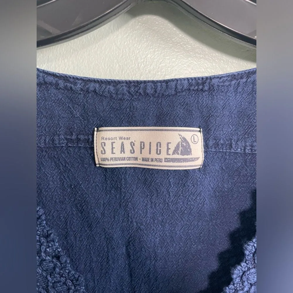 Seaspice 100% Cotton Navy Cotton Dress Beach Resort Wear Cover Up SZ L Blue Size L - Image 3