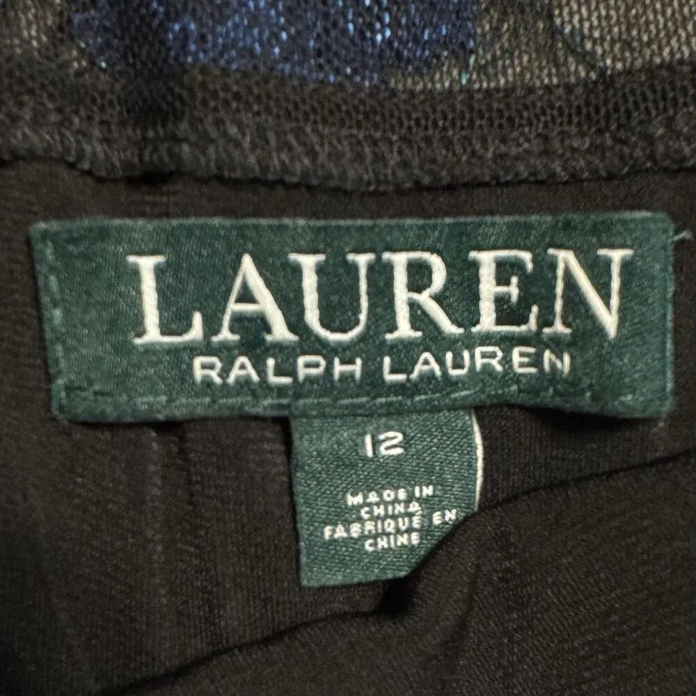 Lauren Ralph Lauren Midi Dress Size 12 Floral Embroidered Mesh Black Blue Modest - Image 9