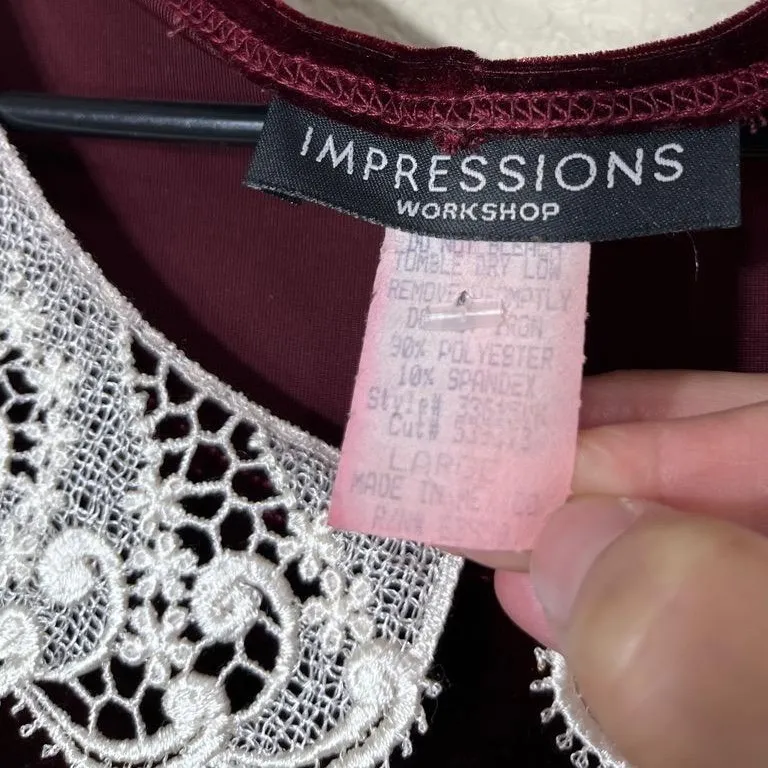 Impressions Workshop Burgundy Velvet Lace Collar Short‎ Sleeve Vintage Dress L Red Size L - Image 5