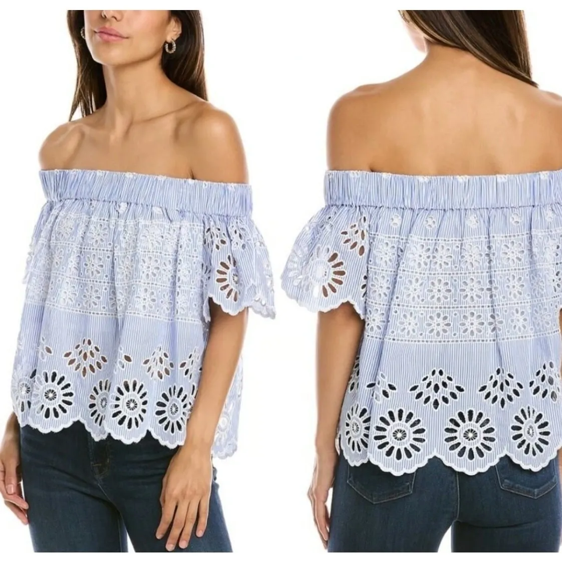Sea‎ New York Off Shoulder Eyelet Top Size 2 Blue White Stripe Scallop Hem Boho - Image 2