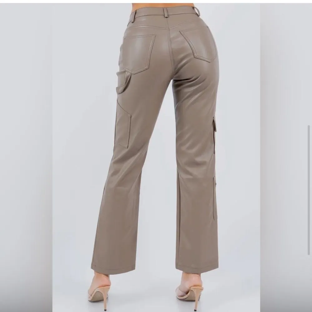 CI Sono‎ Women’s M Cargo Carpenter Pants Taupe Brown Faux Leather Beige Baddie - Image 10