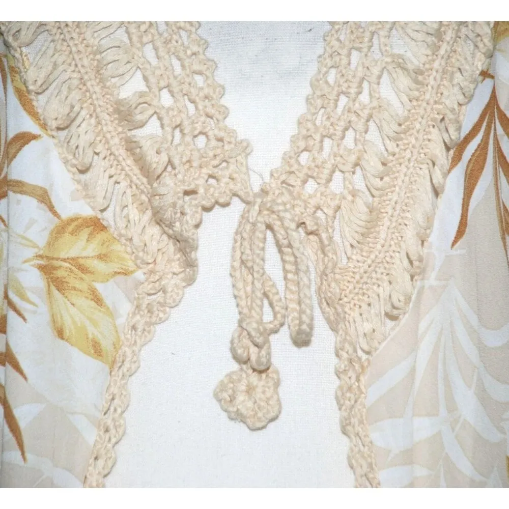 Kontrol Cream Cover Up Cardigan Size L Crochet Trim & Fringe Palm Print Beach - Image 3
