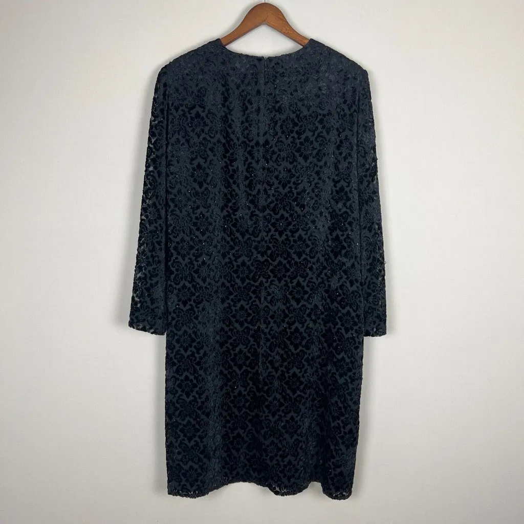 Badgley Mischka Dress 16 Black Velvet Burnout Beaded Floral‎ Long Sleeve Tunic - Image 10