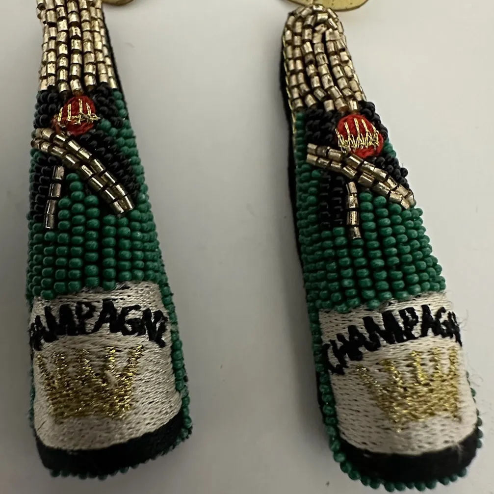 Allie Beads Champagne Bottle Statement Beaded Earrings Gold Green Jewelry Gift - Image 5