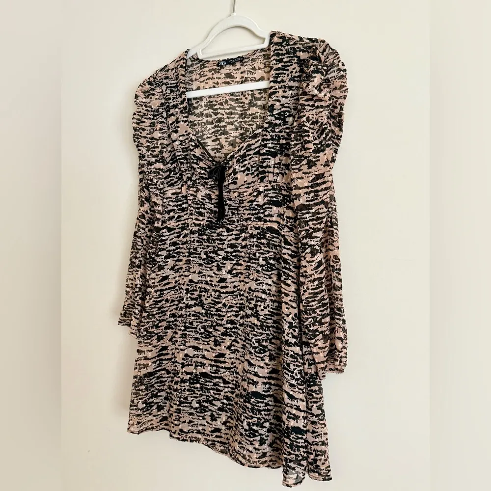 Zara Animal Print Milkmaid Dress with Velvet Bow - Size M - Image 3