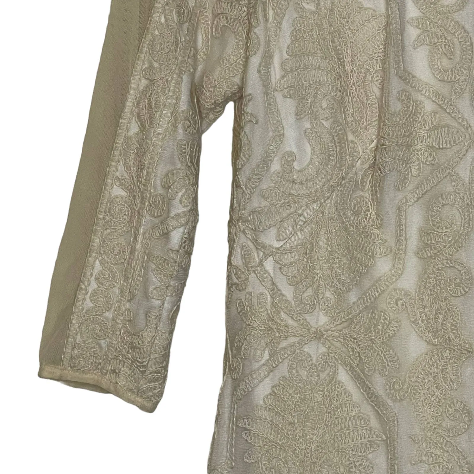 Tadashi Shoji Embroidered Mesh Tulle Sheath Dress Lined 3/4 Sleeve‎  6 Women Tan - Image 4