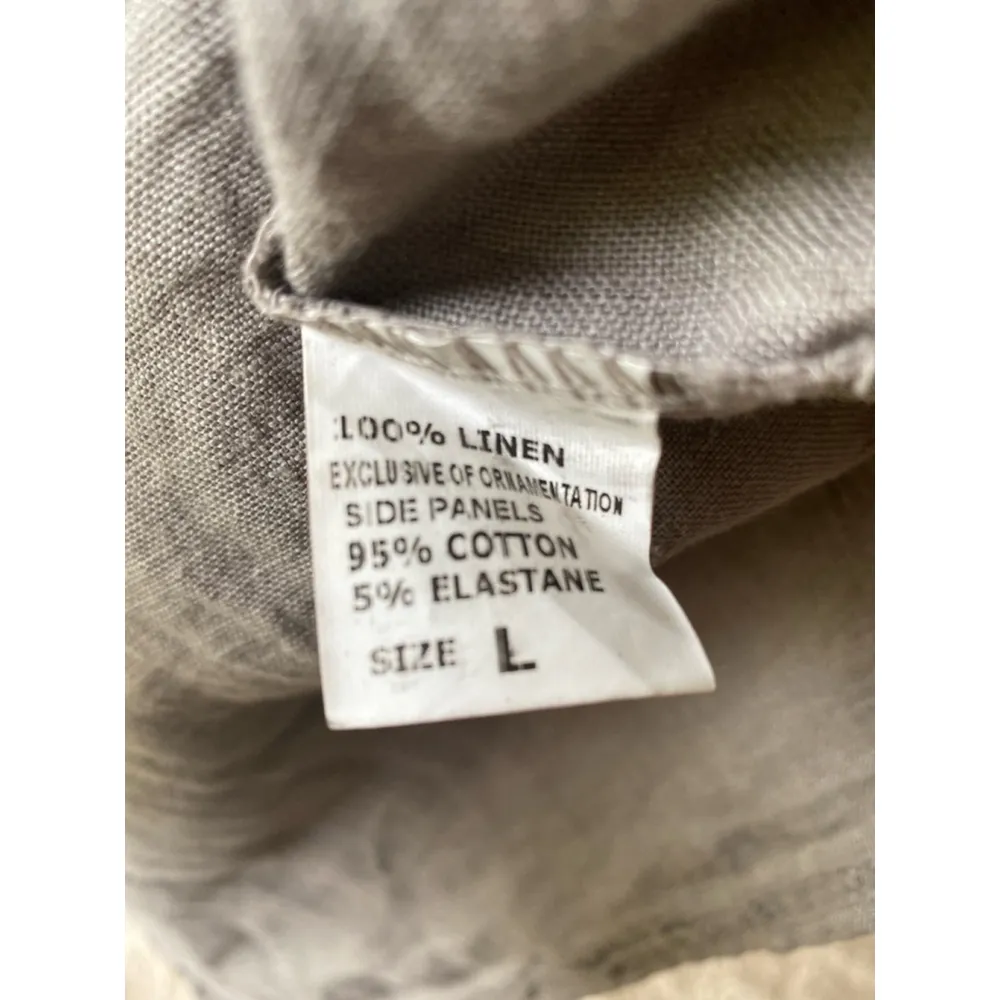 Lina Tomei Italian Linen Dress Taupe Shift Beaded Jewel Neckline Pockets Summer Gray Size L - Image 7