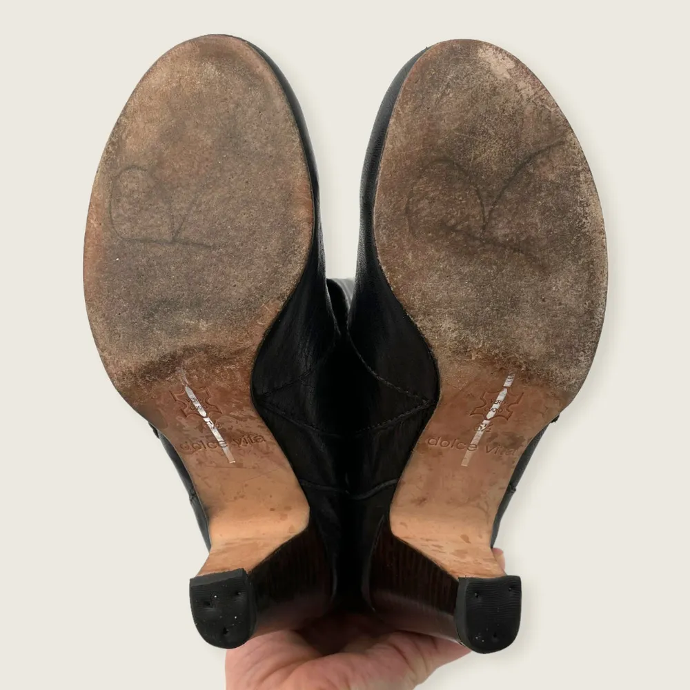 Dolce Vita Black Leather Bow Faux Fold Over 3" Stacked Heel Ankle Boots 6.5 - Image 6