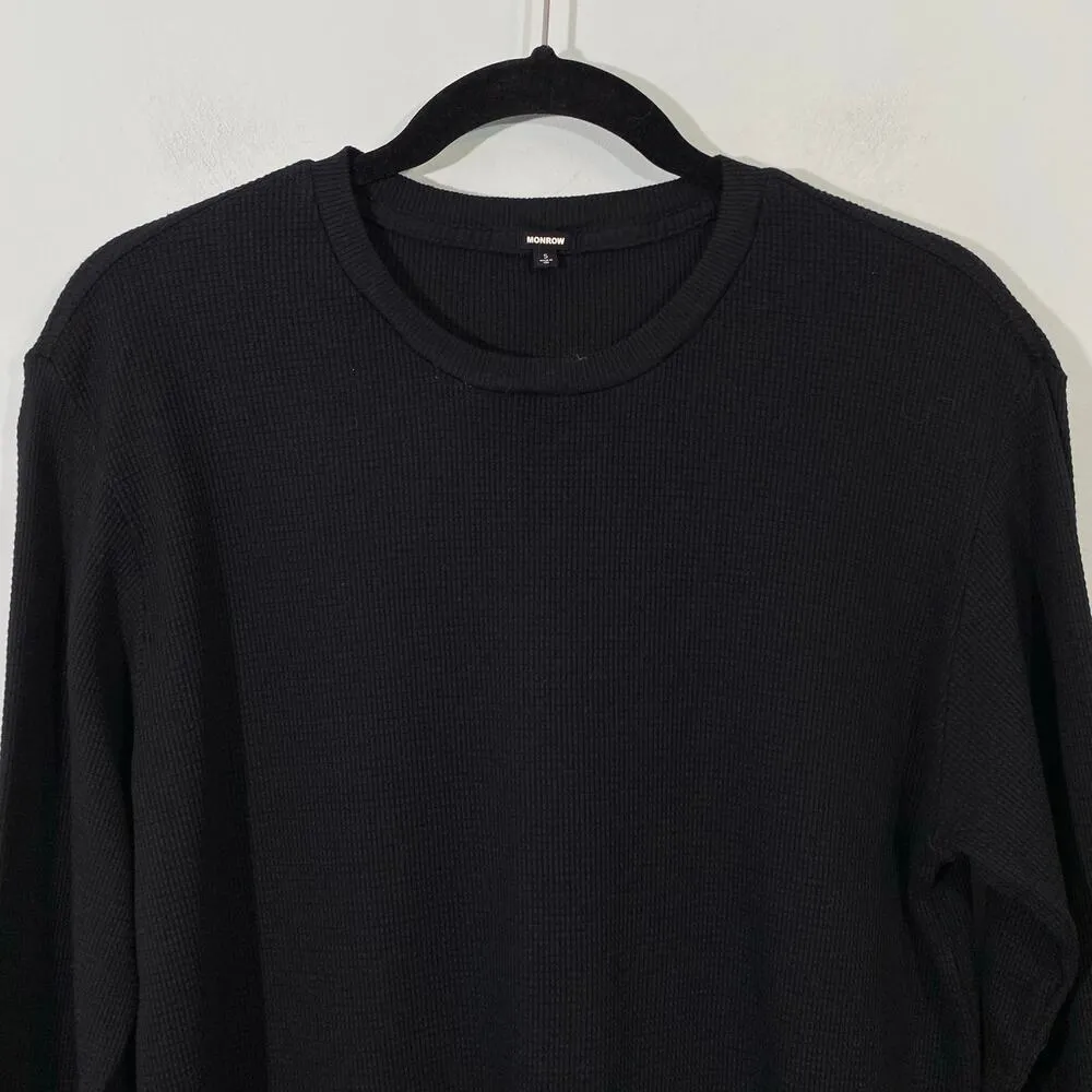 Monrow Women's Black Crew Neck Long Sleeve Waffle Knit Top Size S Made in USA - Image 2