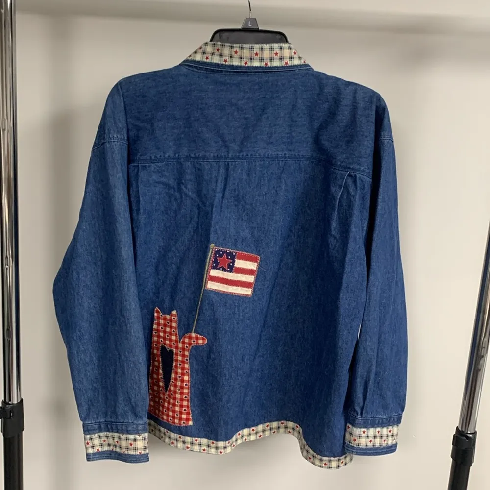 Vintage Denim Cat Patchwork Shirt Size 1X Blue - Image 6