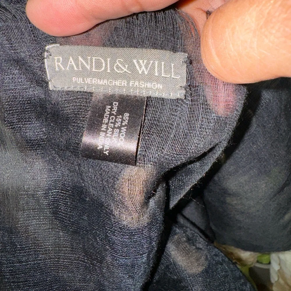 Randi & Will Collection Sheer Black Wool & Silk Scarf w/Taupe PomPoms - Image 3