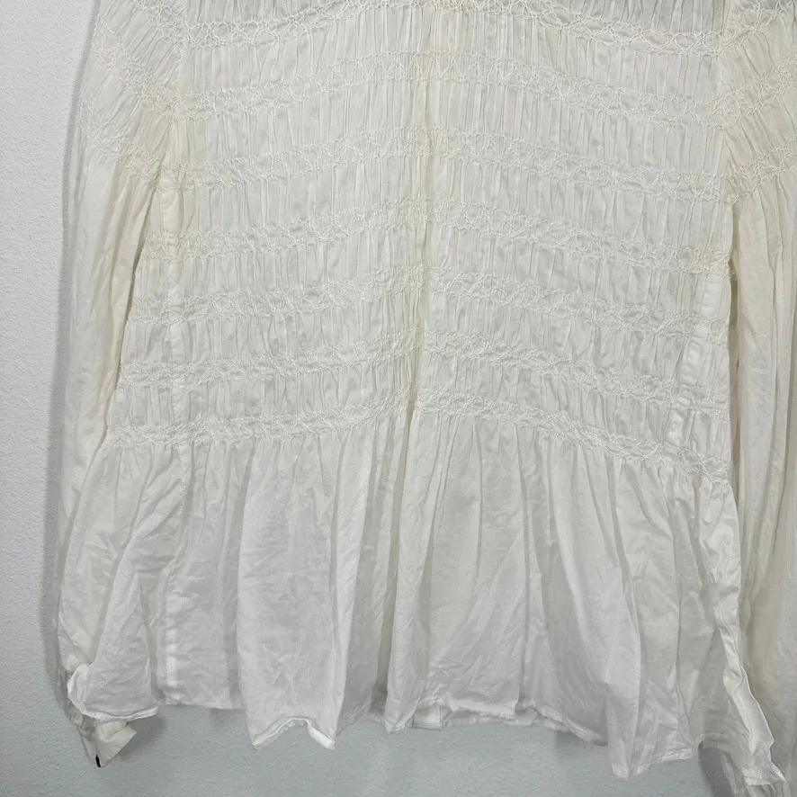 All Saints White Smocked Peplum Blouse Long Sleeve Mock Neck Button Back Cotton - Image 6