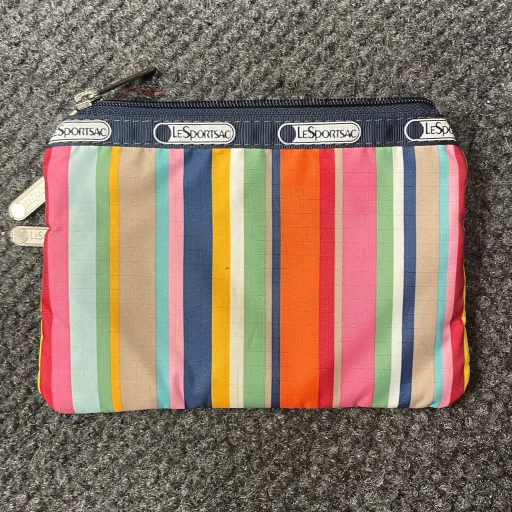 LeSportsac Cosmetic Travel Bag 3 Zip Compartment Multicolor Stripes Pockets - Image 3