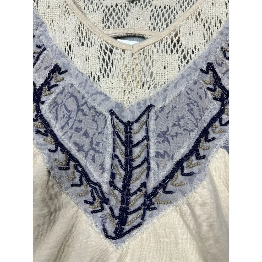 Free People Beige Tank Top Blue Beaded Crochet Look Cutout Back Women’s L - Image 2