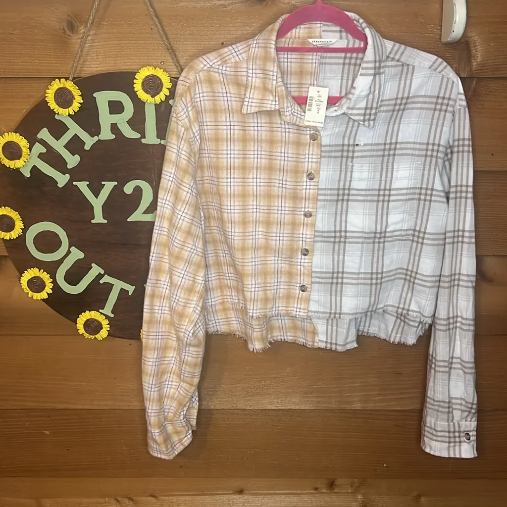 NWT Aeropostale Crop Flannel Plaid Button Splice Shirt Fringe Hem Boxy Orange M - Image 2
