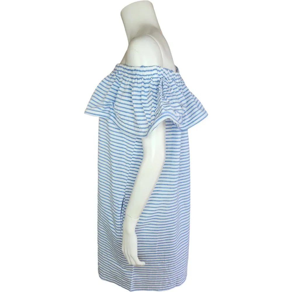 Revolve Line & Dot Dress Womens Large Lea Blue White Stripe Off Shoulder Ruffle - Image 48