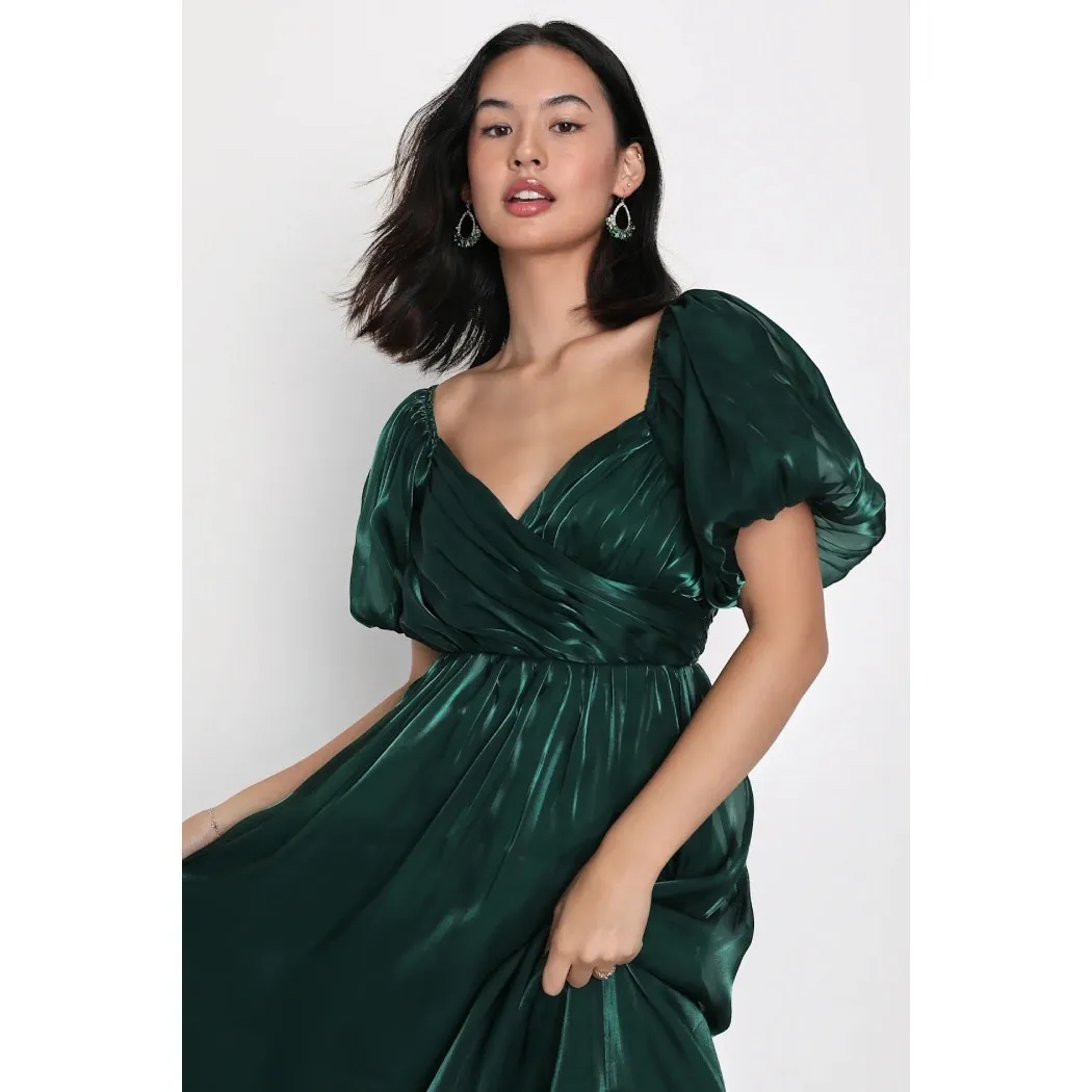 NWOT Lulus Remarkable Sensation Emerald Green Puff Sleeve Tiered Midi Dress Sz S - Image 7