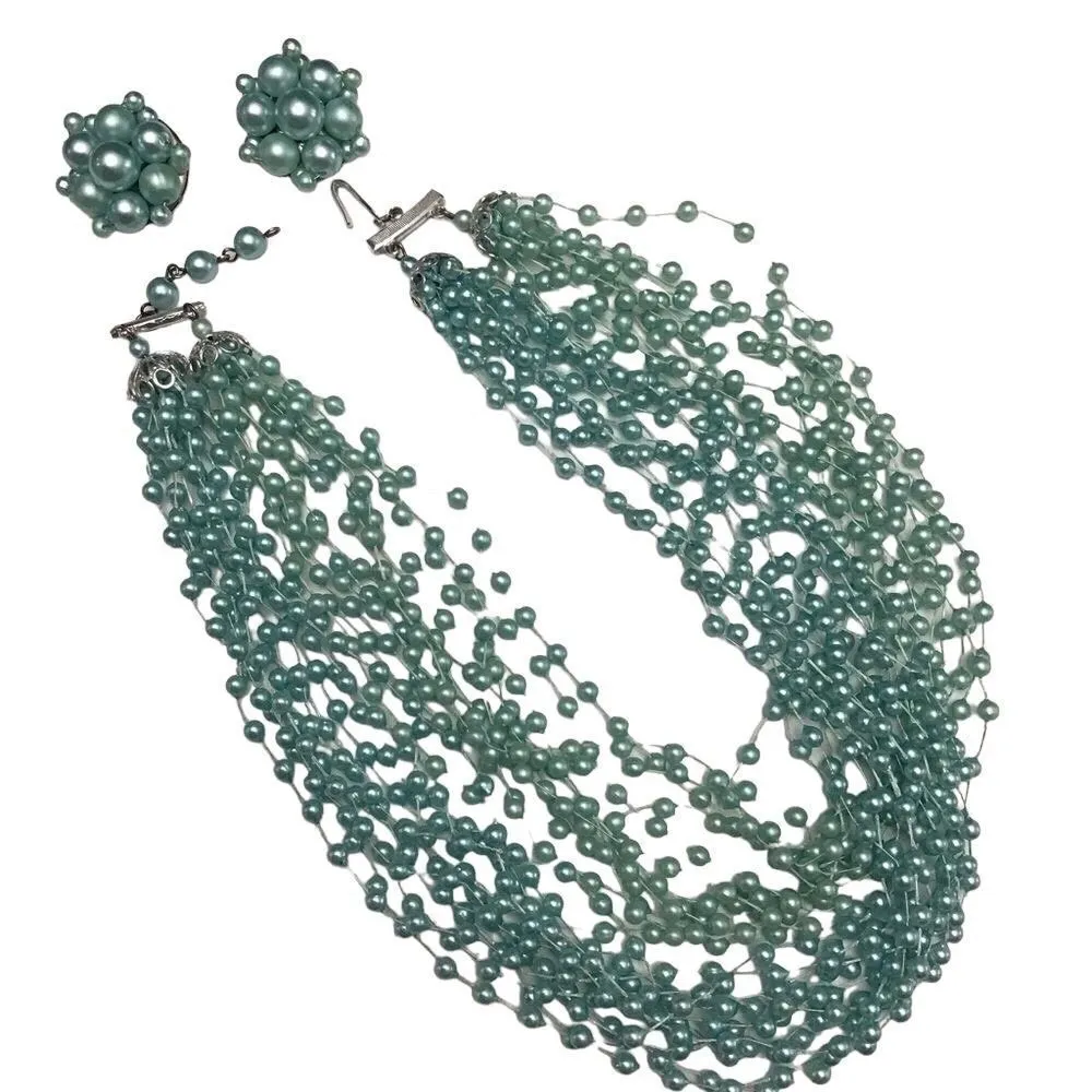 VTG ‘60s Baby Blue Multi Strand Choker and Matching Clip Earrings - Image 3