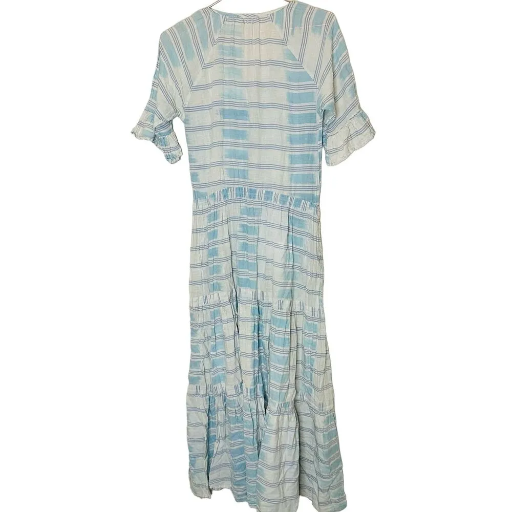 WARM Latitude Blue & White Short Sleeves Tie at Waist Flowy Maxi Dress Size M Size M - Image 6