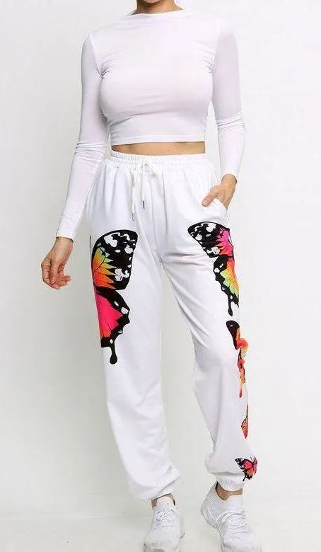 White Butterfly Sweatpants Size L - Image 2