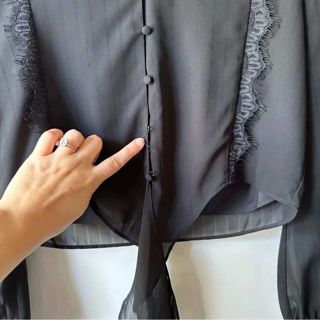 Wayf Black Sheer Western Rodeo Lace Trim Long Sleeve Tie Front Blouse Size S - Image 6