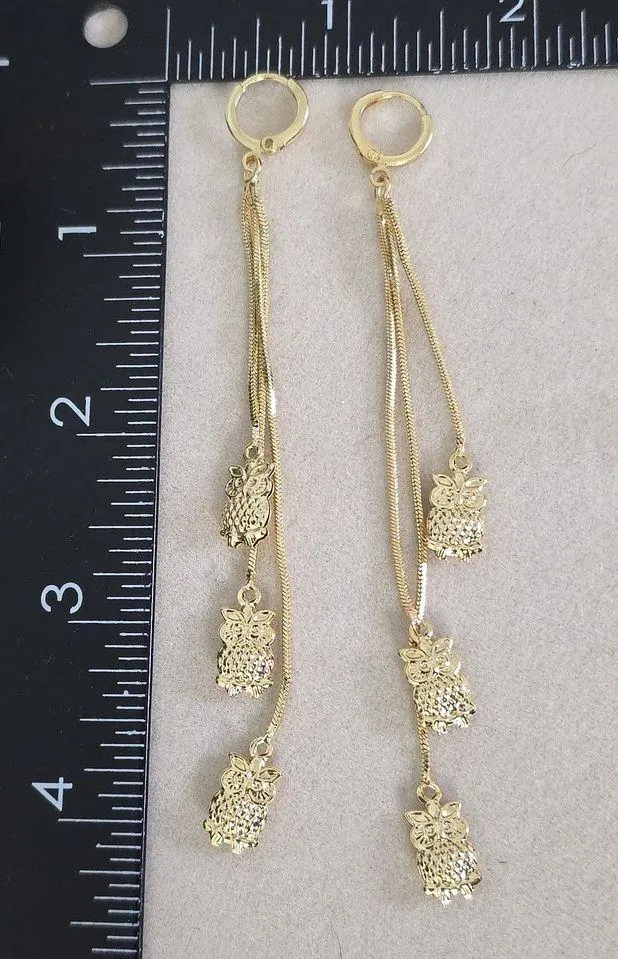 Gold Filled Huggie Hoop Earrings Dangle Owl Charms - Image 10