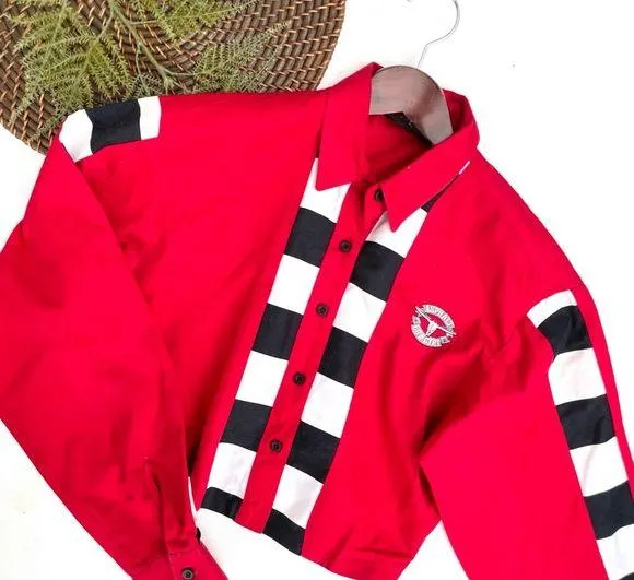 VTG Asphalt Cowgirl Womens Shirt Red Black Cropped Button Up Long Sleeve Small - Image 2
