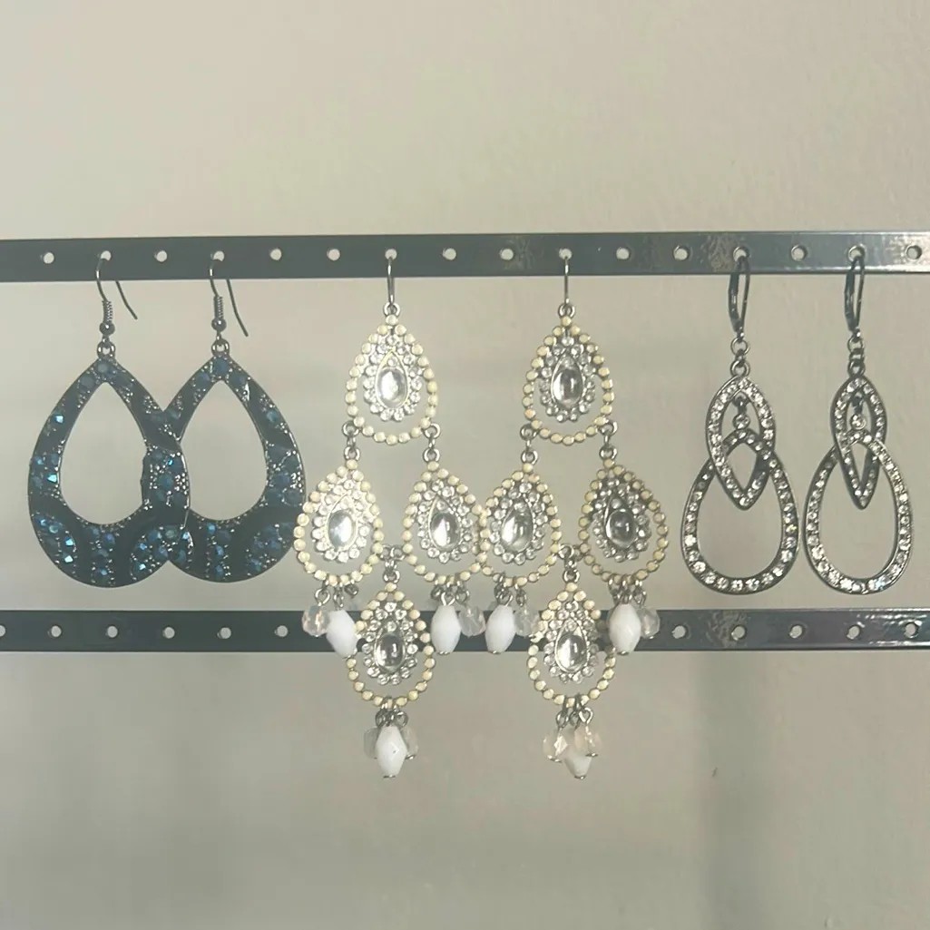 3 Pair Chic Silver Gunmetal Crystal Encrusted Dangle Drop Chandelier Earrings - Image 11