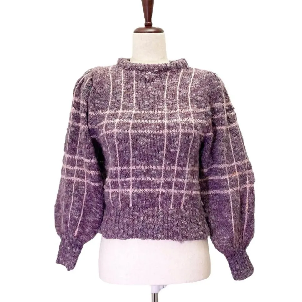 Vintage 80s Puff Sleeve Sweater Purple Nubby Marled Windowpane Size Small Medium - Image 10