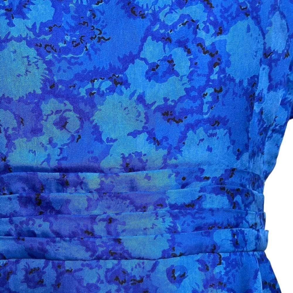 Vintage 1960s Floral Bateau Cocktail Dress Sapphire Blue Medium - Image 9