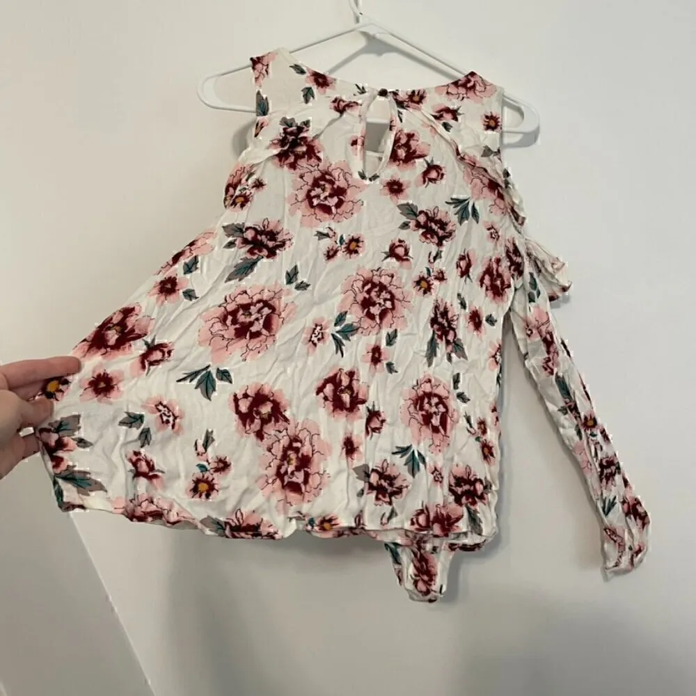 JACK BY BB DAKOTA Cold Shoulder Top Cream Ivory Pink Floral Boho Long Sleeve S - Image 15