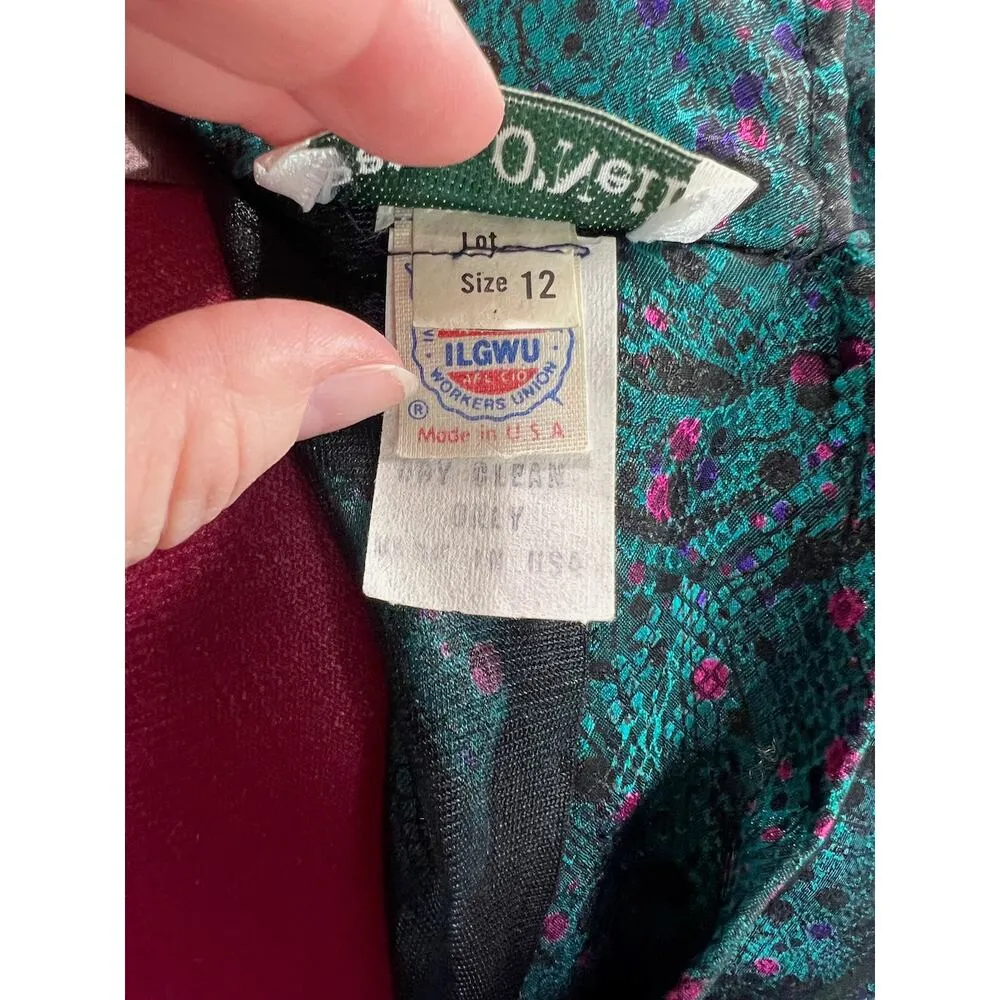 dress blouson vintage satin mock neck pleated skirt teal green fuchsia pink - Image 10