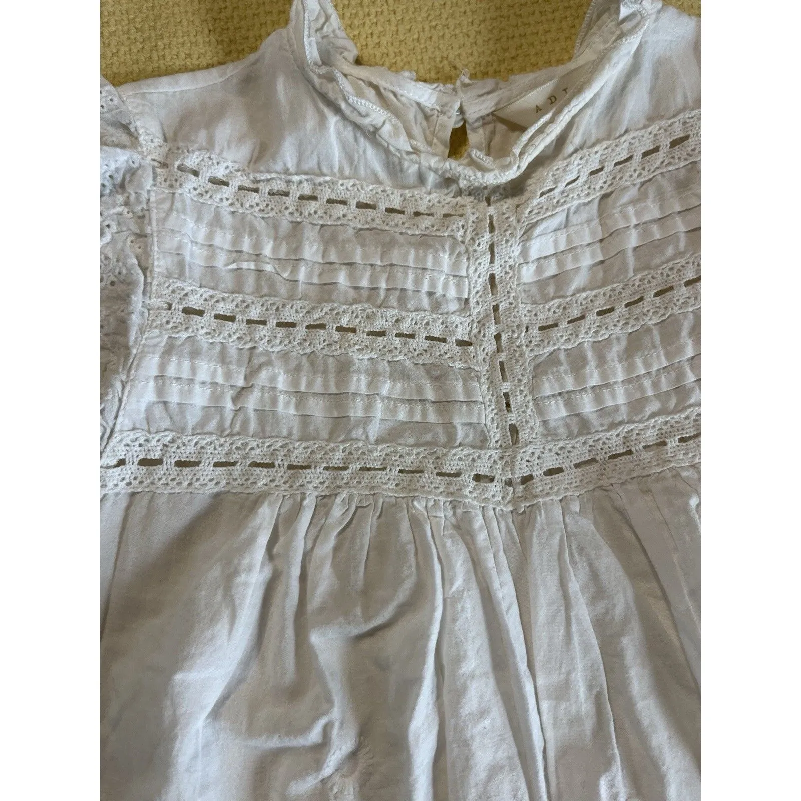 White Eyelet Lace Sleeveless Babydoll Top Pintuck Ruffle Trim Boho Cottagecore M Size M - Image 4