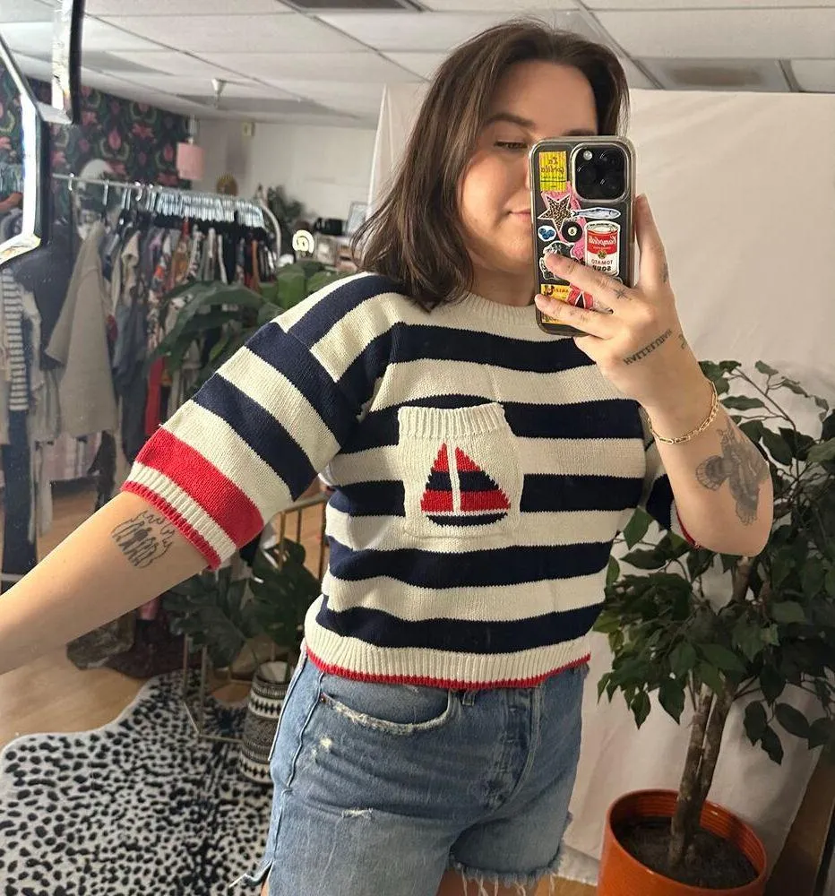 Vintage Cropped Striped Short Sleeve Sweater Top White Blue Size Small - Image 5