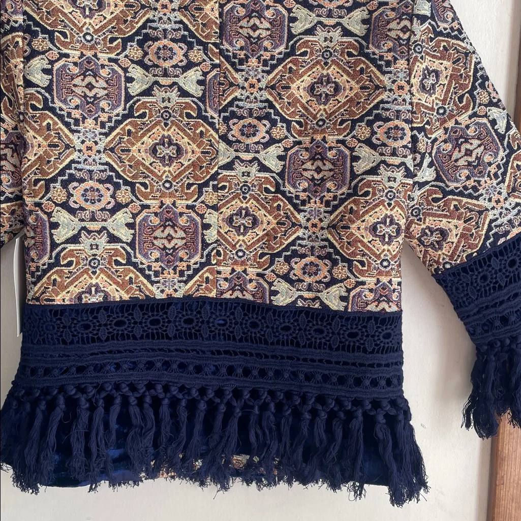 Boston Proper Fringe Tapestry Novelty Jacket Navy Multicolor - Image 10