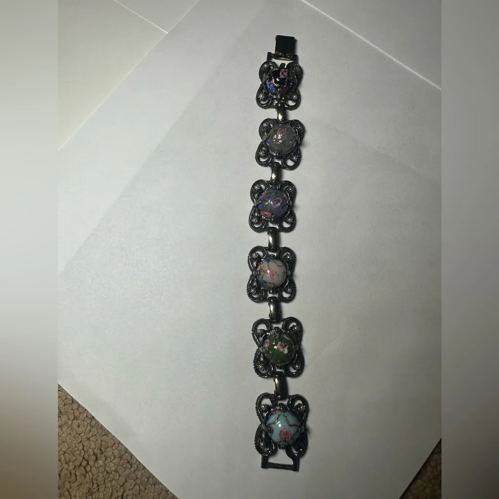 Antique 1920s Czech 800 Silver Wedding Cake Glass Bracelet Genuine Seed Pearls - Image 5