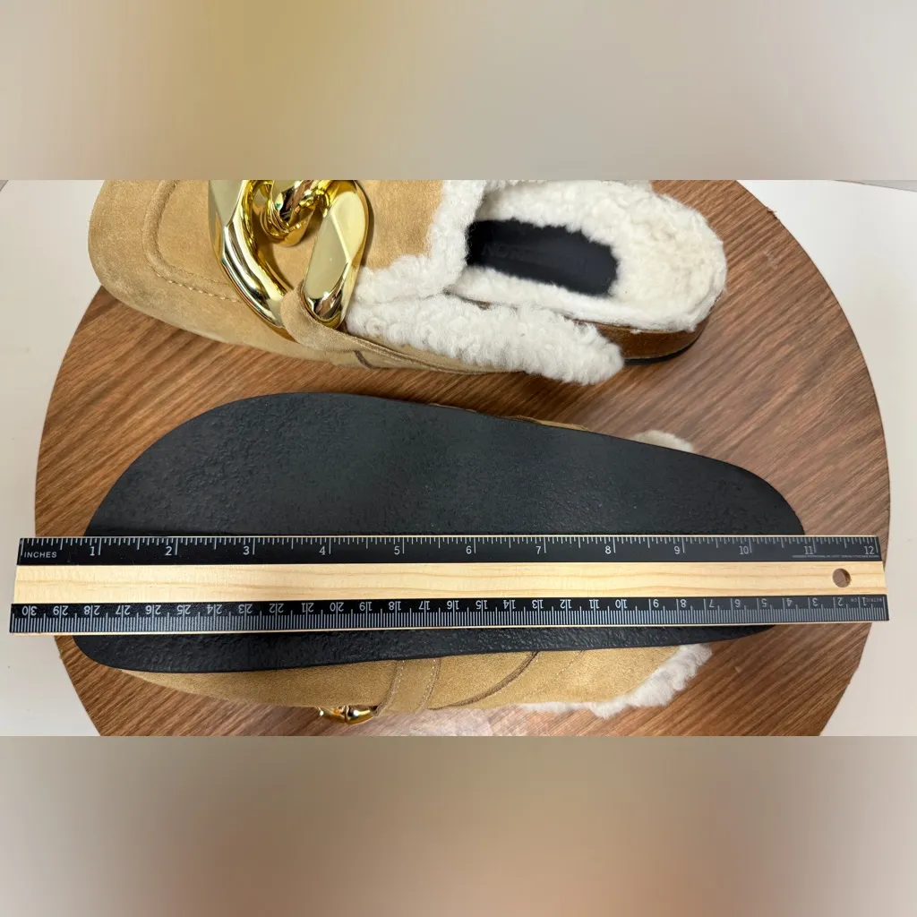 JW Anderson Beige Lamb Leather Shearling Chunky Gold Chain Loafer Clog Mules Tan Size 10 - Image 9