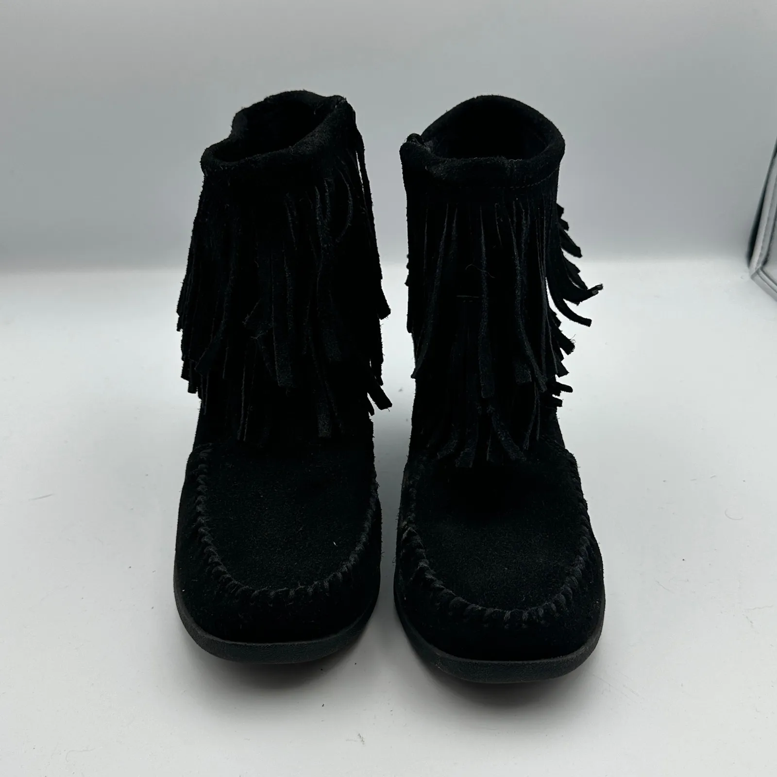 Minnetonka Black Suede Leather Fringe Ankle Wedge Booties Women 7.5‎ Festive - Image 2