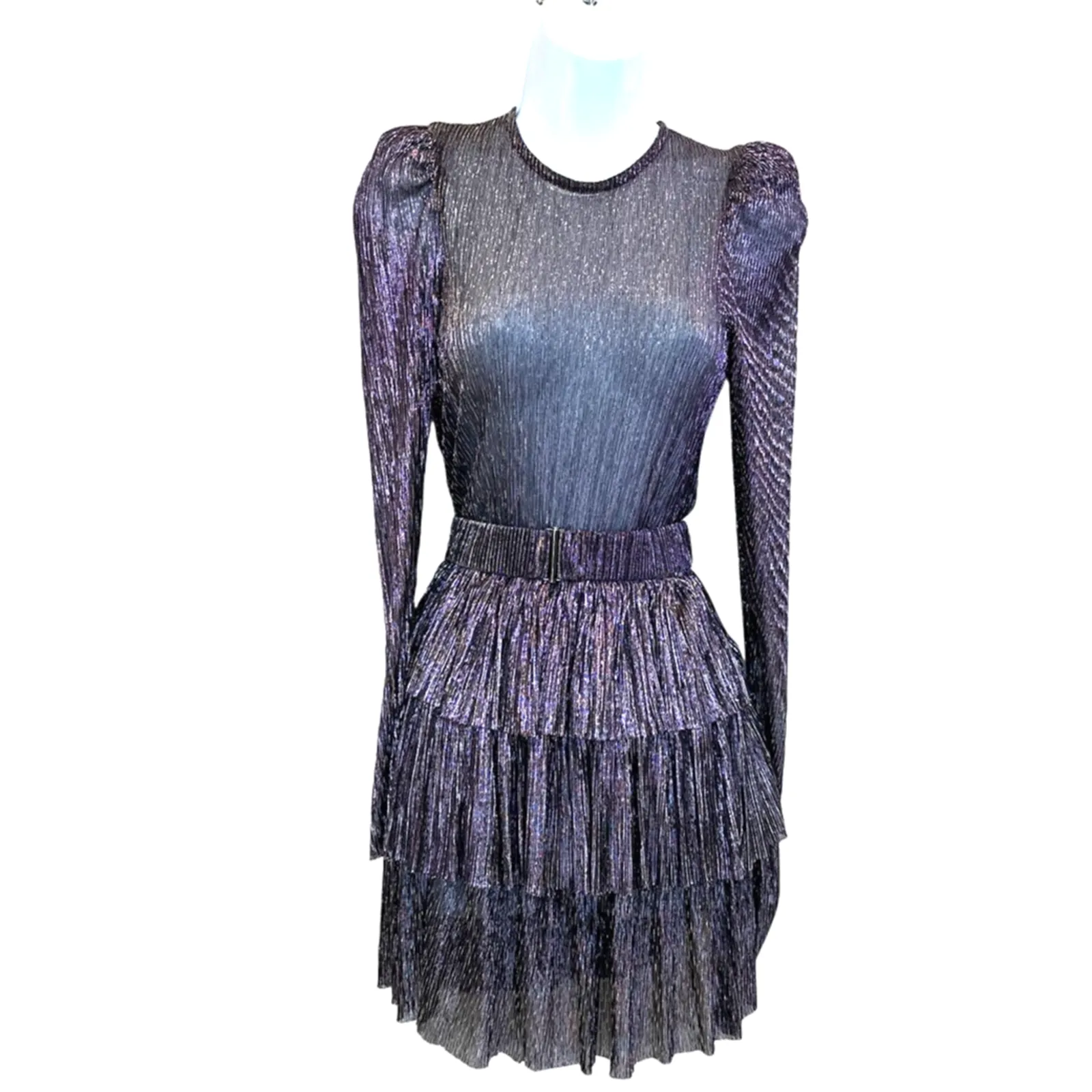 Sabina Musayev Purple Tier Ruffle Mini Dress LARGE Plisse Metallic Cocktail $285 - Image 9