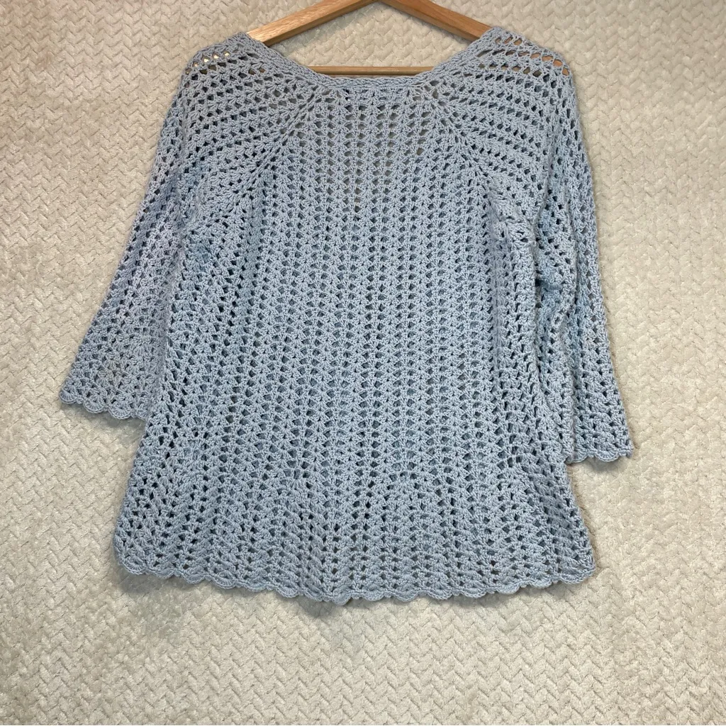 Vintage Windridge Baby Blue Open Knit Crochet Cardigan Scalloped Hem Bell Sleeve Size M - Image 7