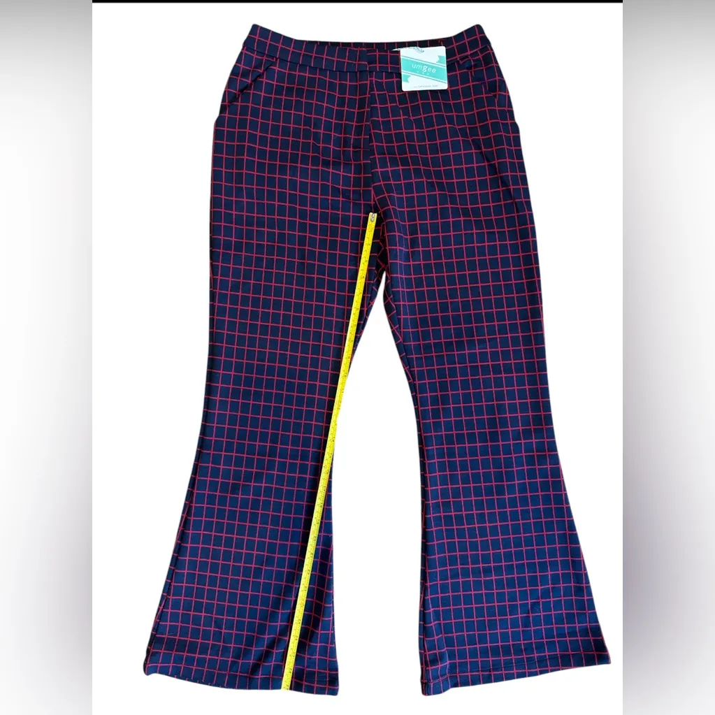 Umgee Women’s Flare Leg Red/Black Plaid High-Rise Trousers Button Size Large NWT - Image 4