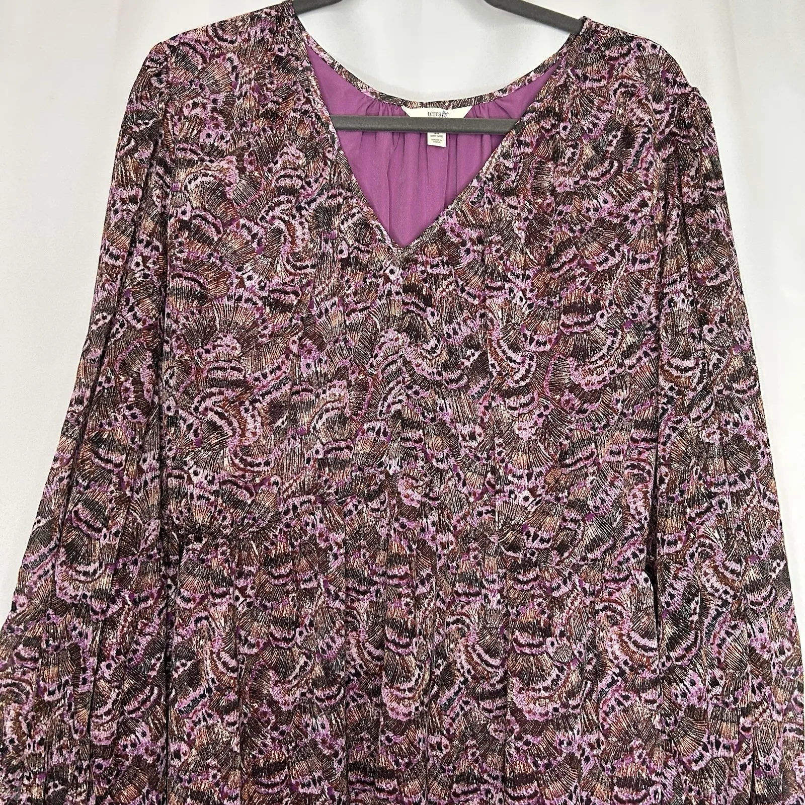 Terra & Sky Dress 4X Semi Sheer Lined Flowey Purple Floral Long‎ Sleeve Chiffon - Image 3