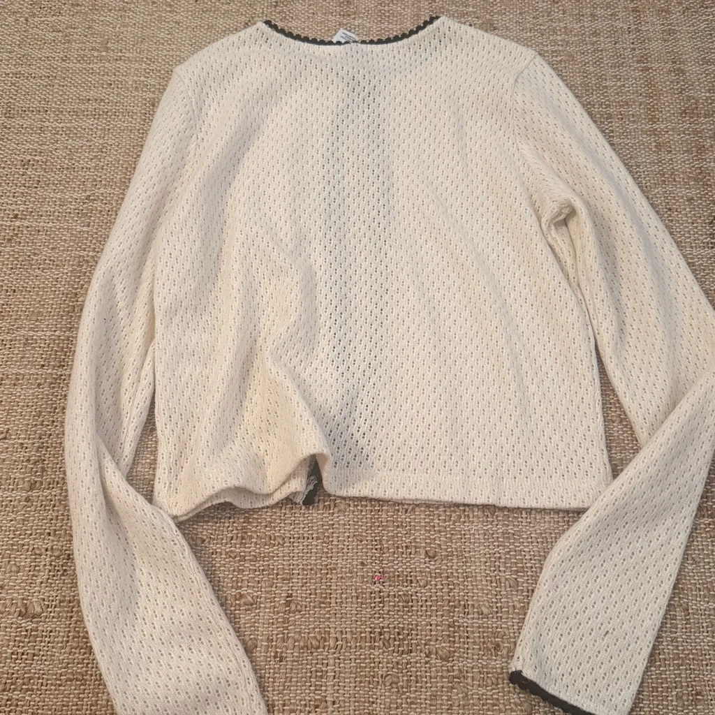 H&M PICOT-TRIMMED POINTELLE-KNIT CARDIGAN XS Cream Blacm - Image 6