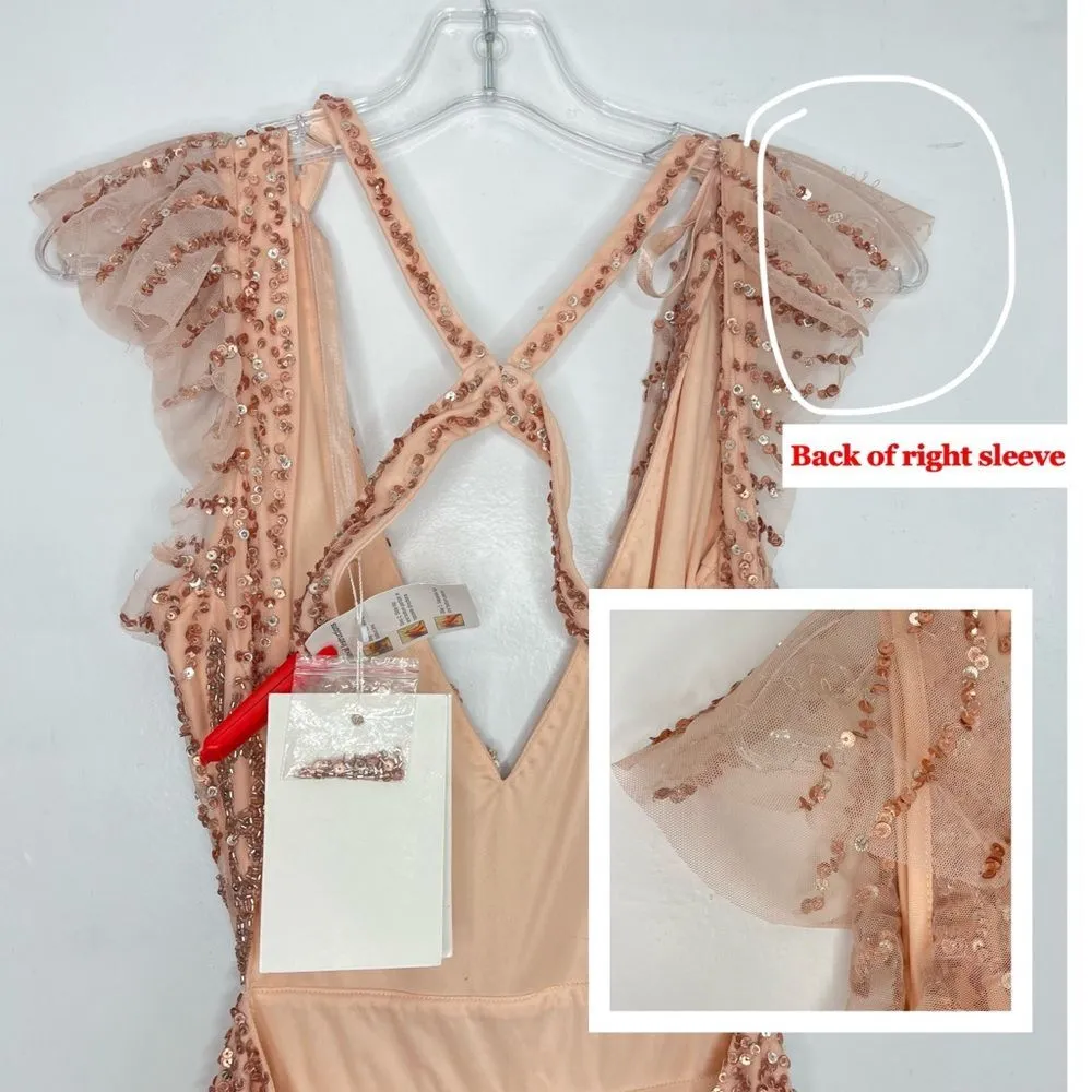 Mac Duggal 5682 Sequined Flutter Cap Sleeve Cut Out A-Line Gown, Apricot, Size 8 - Image 9