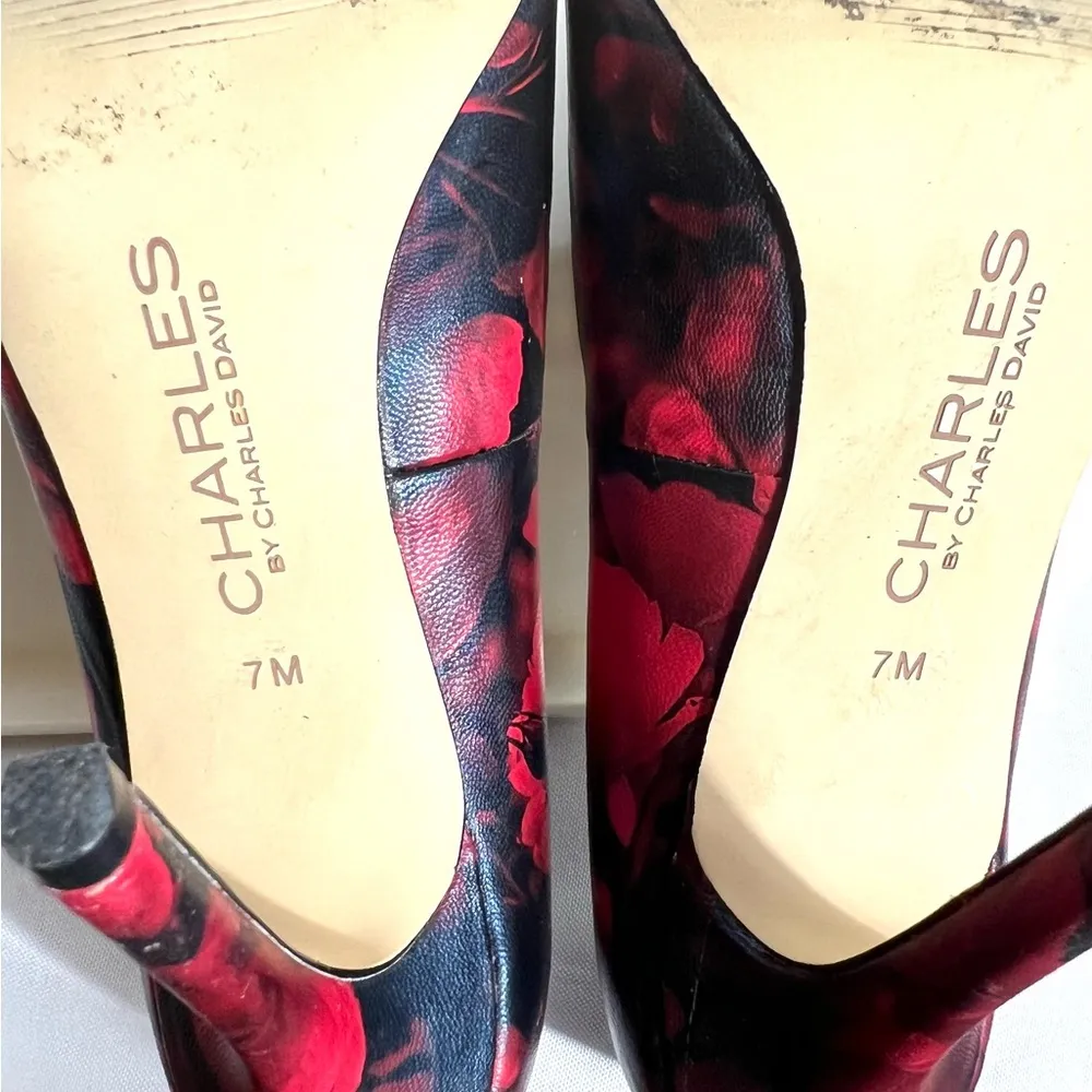 CHARLES By Charles David Stiletto Heels Sz 7M  Black/Red Roses Minor Peeling - Image 6