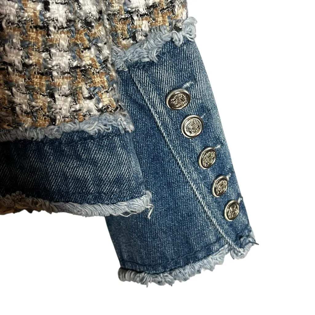 Nanette Lepore NEW Tweed Denim Jean Fringe Tailored Casual Blazer Size S - Image 4