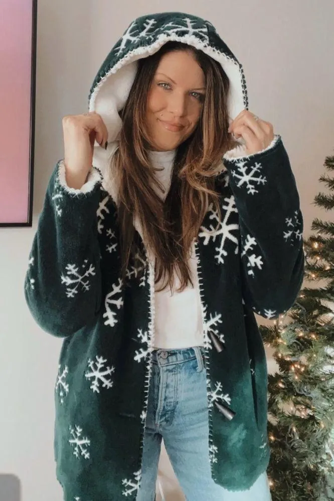 Vintage Snowflake Fleece Hooded Coat Green Size M - Image 3