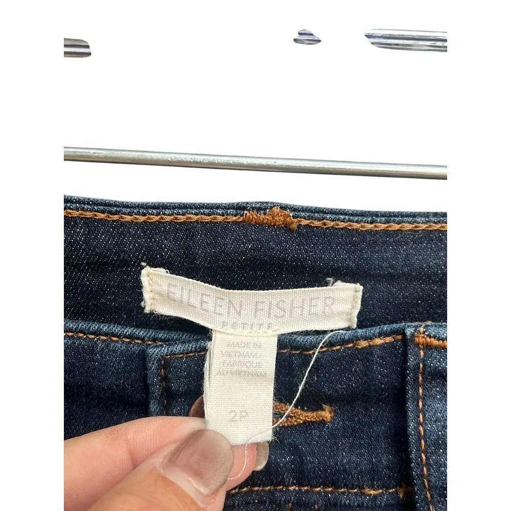 Eileen Fisher Organic‎ Cotton Stretch Cropped Straight Leg Navy Jeans Size 2P - Image 3
