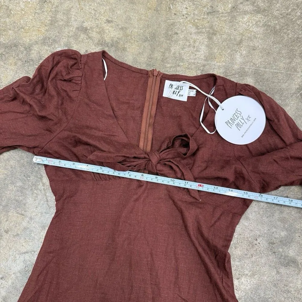 Princess Polly Karmen Coquette Long sleeve linen Mini Dress In Brown - Image 4