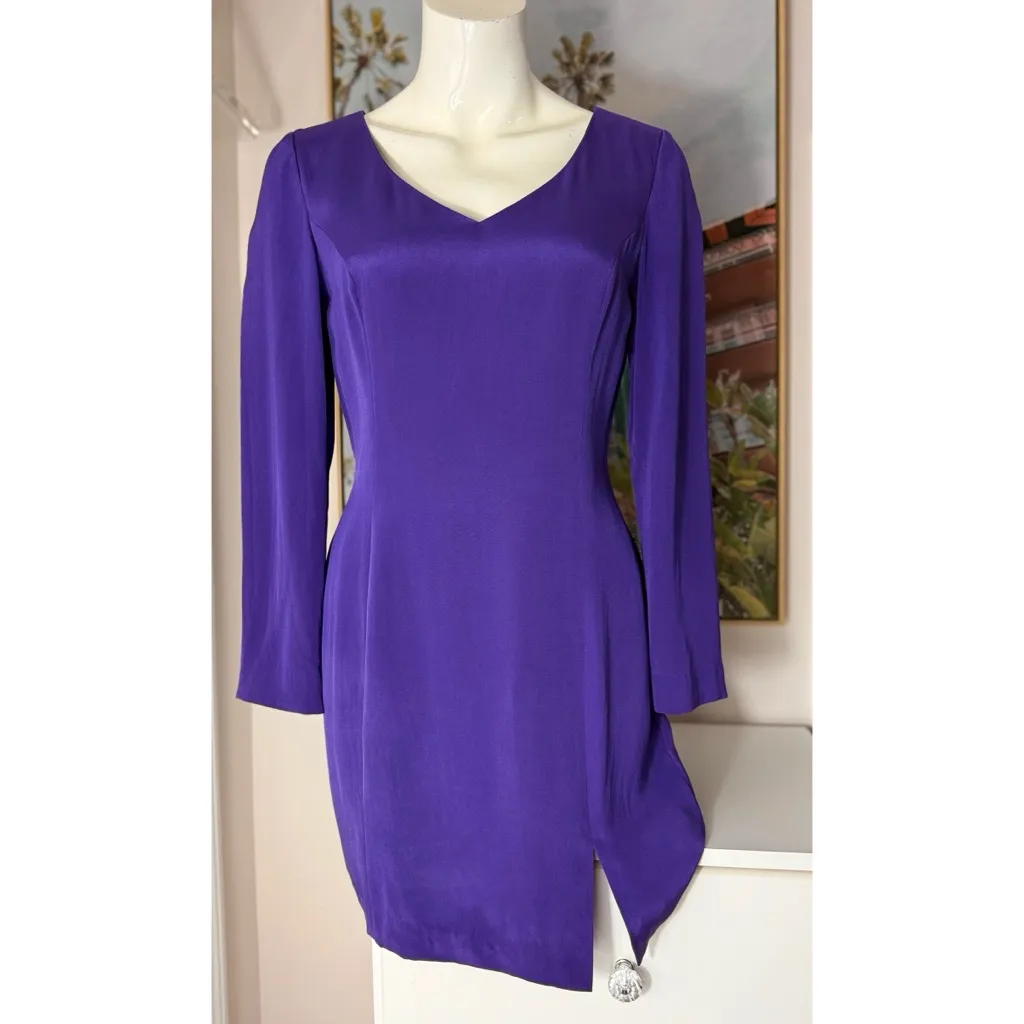 Vintage 90s Hugo Buscati Purple 100% Silk V-Neck Sheath Mini Dress Size 10 - Image 3